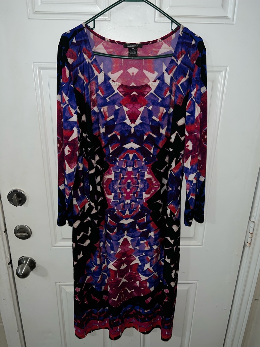 Glamour Purple, Black & Red Geometric Long Sleeve Midi Dress